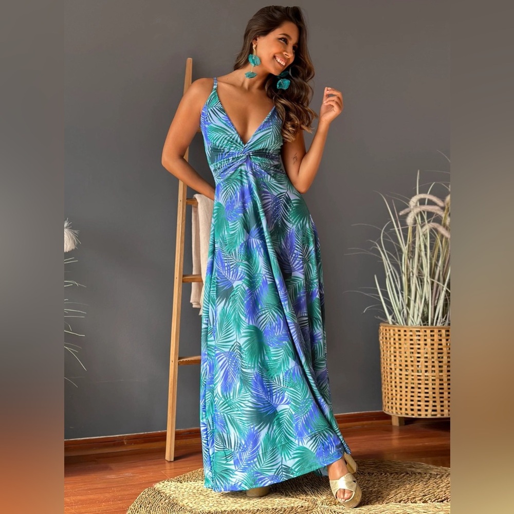 Blue & Green Twisted Printed V-Neck Cami Dress